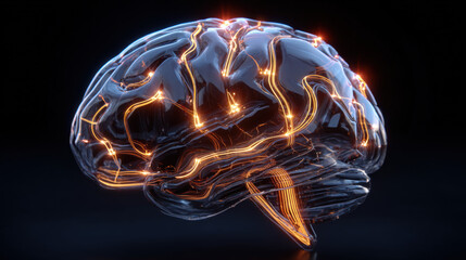 transparent shield enveloping AI brain shaped microchip pulsating neon lines concept of intellectual property protection illustration concept scene visual for commercial design use high detail quality