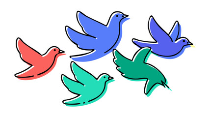 Flock of colorful birds in flight flying blue