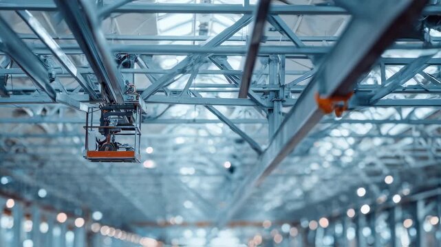 Focused medium shot of a suspended automated sprayer evenly coating steel trusses with fireproofing agent with the outoffocus structural elements creating depth in the industrial