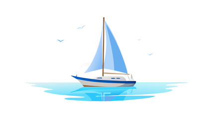 Graceful sailboat with blue sails on water sailing ocean