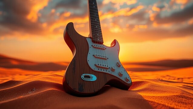 guitar on the disert with sanset