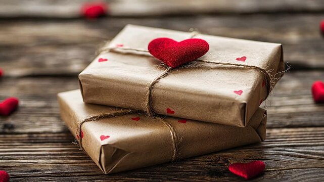 Two wrapped gift boxes tied with twine red hearts stacked on wooden table large fabric heart for romantic atmosphere holiday promotion love gifting celebration concept
