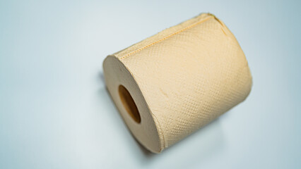 A single roll of beige-colored toilet paper with a textured surface casts a shadow as it sits on a clean white background.