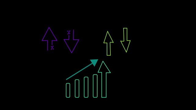 Neon Arrows and Bar Chart in Purple and Teal on Black Background up arrow down arrow