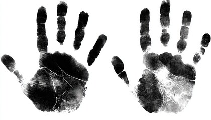 Two black handprints on a white background.  Detailed impressions of child's hands, showing ridges and creases.  Ink prints are slightly uneven and textured