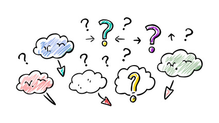 Hand drawn doodle illustration of question marks and clouds vector