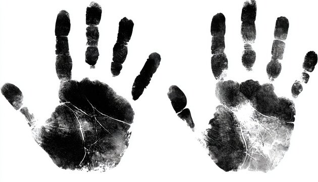 Two black handprints on a white background.  Detailed impressions of child's hands, showing ridges and creases.  Ink prints are slightly uneven and textured - Powered by Adobe