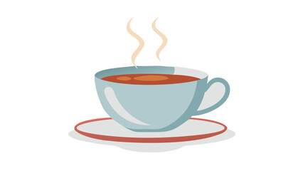 Light blue teacup with amber liquid and steam saucer hot drink
