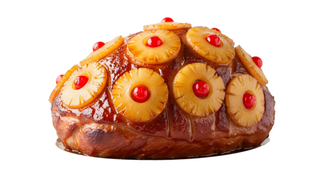 Festive ham glazed with honey and decorated with pineapple slices.
