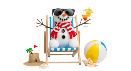 A snowman wearing sunglasses and relaxing in a tropical beach chair.