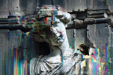 ancient stone statue eroded by corrupted code, glitch effects melting the structure, vibrant chromatic aberration, digital decay meets classical beauty 