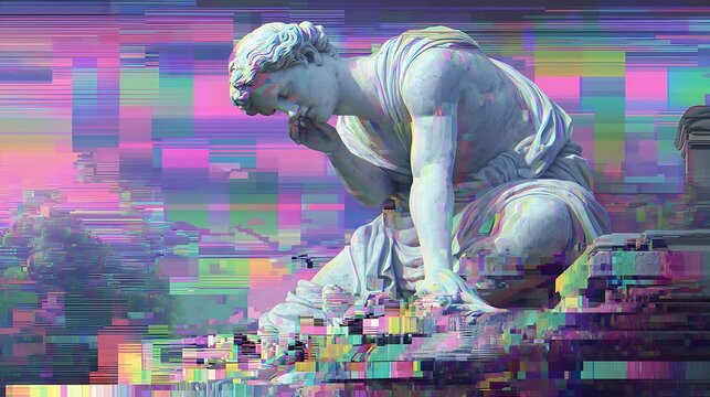 ancient deity statue collapsing into colorful glitch geometry, moody background of corrupted architecture, digital vandalism meets fine art