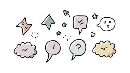 Pastel doodle icons with speech bubbles and stars vector