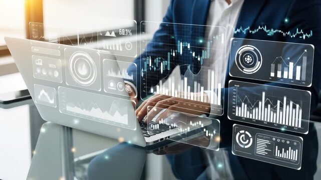 Business professional leveraging technology for data analysis, finance, and digital dashboard innovation, showcasing financial growth and modern