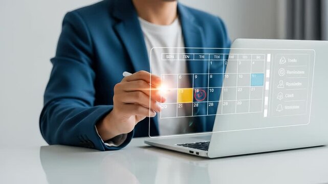 Business professional leveraging technology calendar interface for efficient scheduling, planning, and organization modern office environment