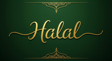Elegant Islamic design featuring the golden word Halal on a dark green background with decorative Arabic arches and ornaments.