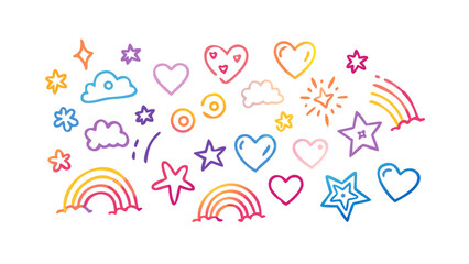 Rainbow stars hearts and clouds doodle icons doodles