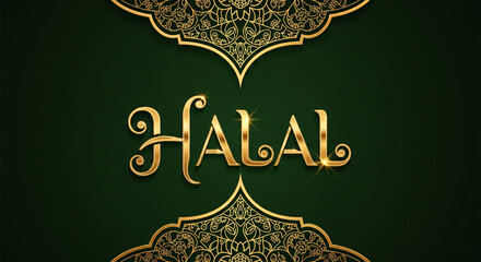 Elegant Islamic design featuring the golden word Halal on a dark green background with decorative Arabic arches and ornaments.