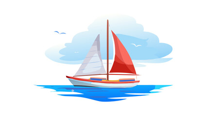 Sailboat with red and white sails on blue water sailing ocean