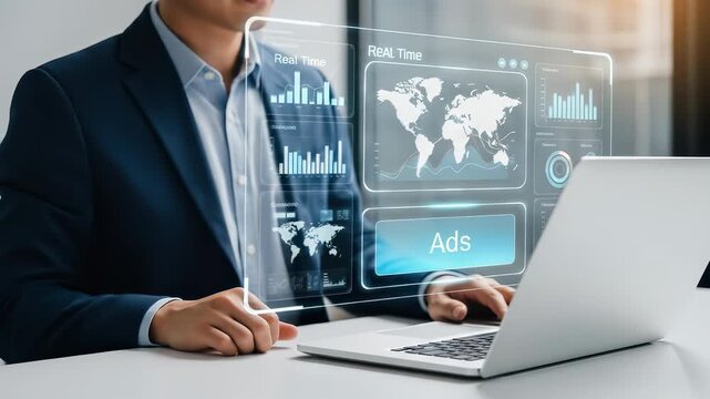 Business professional leveraging technology for real time digital advertising, analytics, and global marketing insights modern office environment