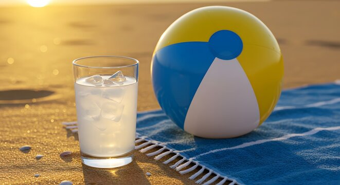 Beachside Refreshment: A vibrant beach ball and a glass of refreshing drink rest on a soft beach towel, as the warm sun casts its golden glow over the serene sandy expanse.