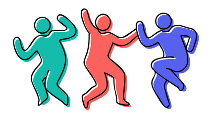 Three dancing figures in teal coral and blue people silhouettes