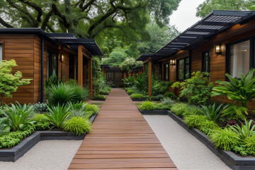 Naklejka premium Eco friendly residential houses surrounded by greenery with sustainable design architecture emphasizing renewable lifestyle concept