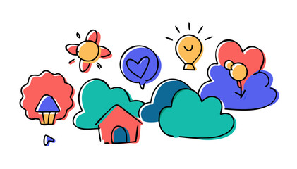 Whimsical doodle icons with playful shapes and colors vector