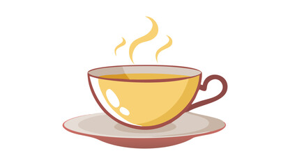 Yellow tea cup with steam on saucer hot drink