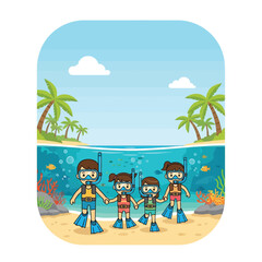 Happy family snorkeling together in tropical ocean waters, holding hands, enjoying a sunny beach vacation.