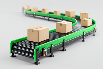 Automated green conveyor belt system transporting cardboard boxes in warehouse logistics and distribution center