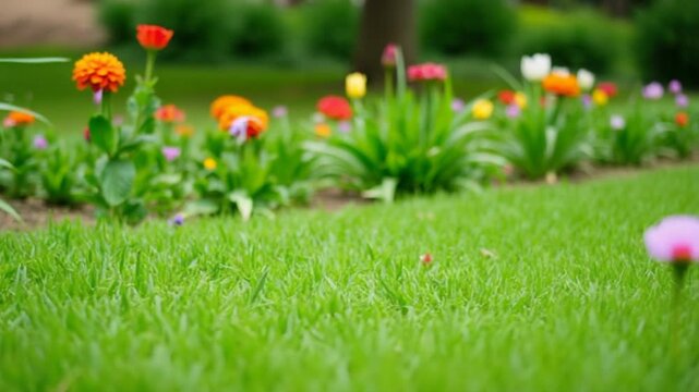 Green grass and colorful flowers adorn a peaceful park setting