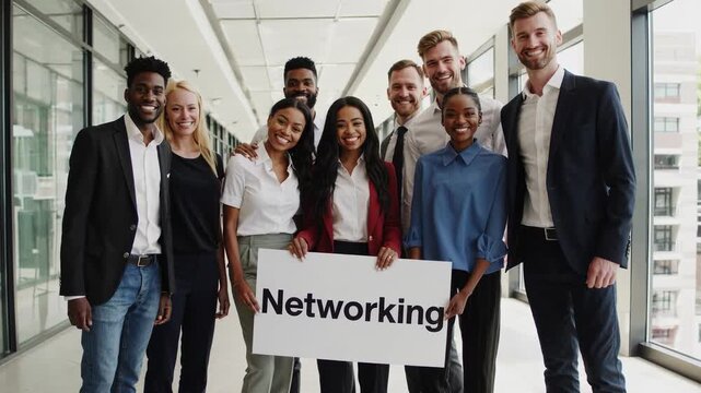 Real video of a diverse business team standing together in a modern office hallway, smiling and holding a white sign with the word &ldquo;NETWORKING&rdquo; in bold black letters. Perfect for illustrating team bui