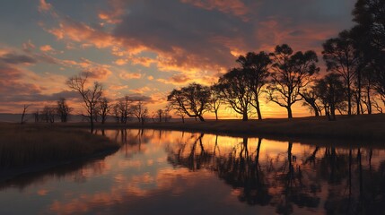 calm tributary reflecting fiery sunset sky and sharp tree silhouettes, glowing golden light on water, high-contrast yet soft atmosphere, photorealistic clarity 