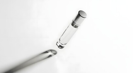Fototapeta premium Sleek clear glass dispenser with metallic top levitating on a bright white surface, creating an elongated shadow