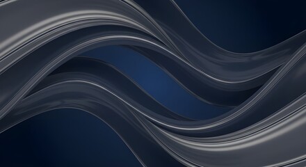 Obraz premium A futuristic 3D abstract with dark blue and silver metallic wave shapes. An elegant design with smooth, shiny curves, creating a modern, luxurious, and artistic feel as a digital background.
