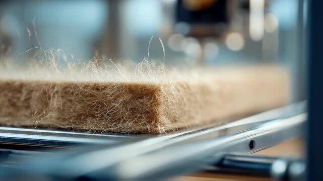 Close medium view of hempfiber panel forming layer by layer on a 3D printer bed detailed fiber texture in focus surrounded by softly blurred workspace elements.