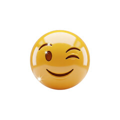 Fototapeta premium A single yellow winking emoji with a slight smile isolated against a completely black background space