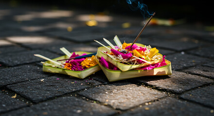 Traditional Balinese Offering with Canang Sari and Incense Stick on the Street
