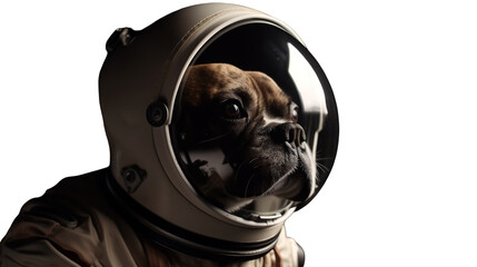 Dog wearing an astronaut helmet in space