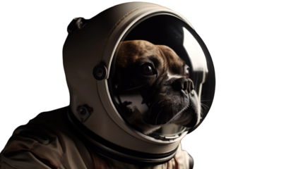 Dog wearing an astronaut helmet in space