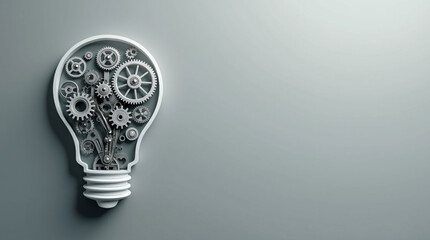 An intricate lightbulb filled with gears and cogs, representing a mechanical invention or complex idea, on a subtle gray background