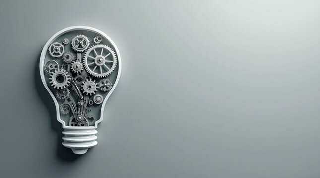 An intricate lightbulb filled with gears and cogs, representing a mechanical invention or complex idea, on a subtle gray background