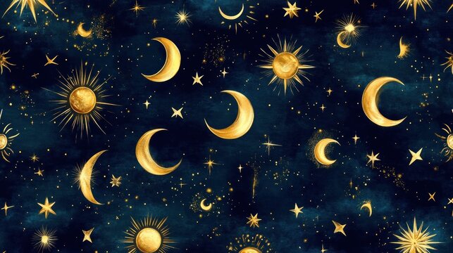 Gold celestial seamless pattern on dark blue