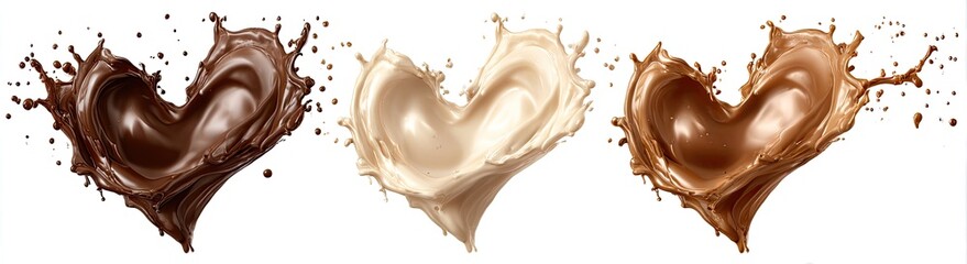 Three heart-shaped splashes of different shades of brown and tan liquid, likely chocolate milk or cocoa, against a white background