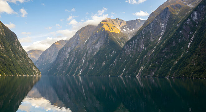 Serene mountain landscape with a perfect symmetrical reflection on the calm water of a deep fjord