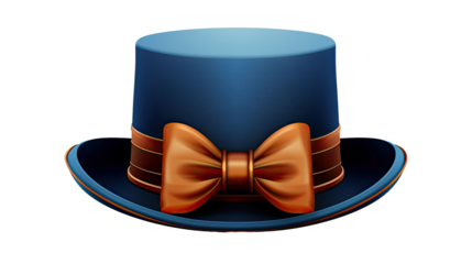 Elegant blue top hat with wide brim and shiny orange bow tie accent isolated on white background