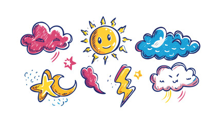 Cartoon weather elements with sun moon and clouds lightning