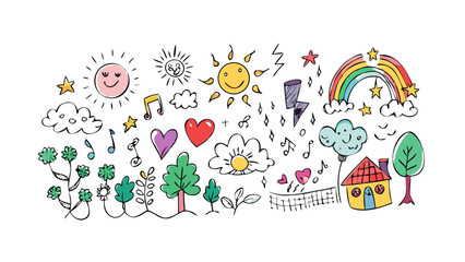 Cheerful doodle art with sun rainbow house and hearts