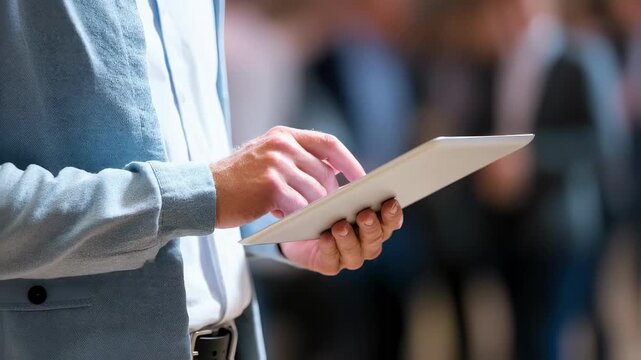 Medium shot of a person reviewing postmortem email on a tablet finger scrolling in focus with blurred coworkers in background illustrating ongoing communication postincident.